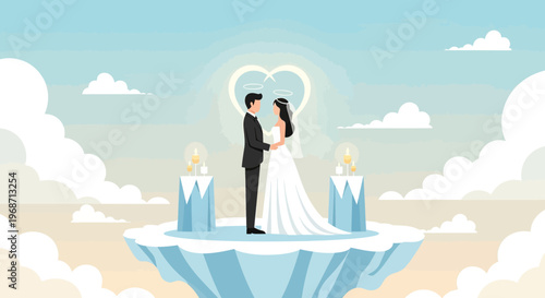 Bride and Groom in Heavenly Cloudscape with Heart Halo