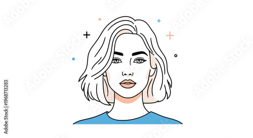 Frontal portrait of a woman with short blonde hair and stylish makeup against abstract dots and star shapes.