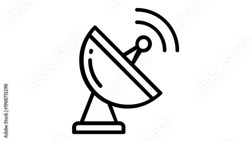 Minimalist satellite dish vector icon illustration featuring a parabolic antenna with signal waves. Scalable black line art for telecommunication, broadcasting, technology, and media projects.