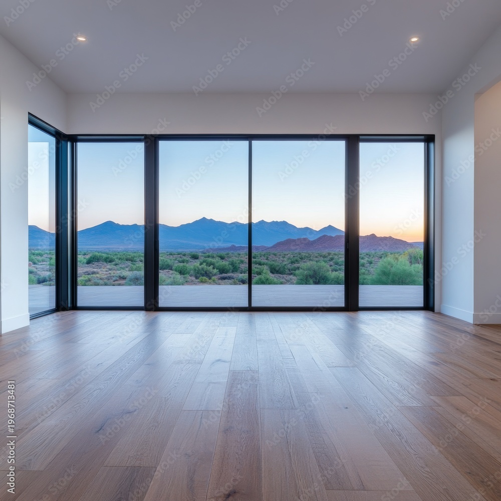 Fototapeta premium Wide-Angle Modern Empty Room with Panoramic Desert Mountain Sunset View, hardwood floor. Serene interior, luxury living, nature connection concept. Architecture, Tranquil