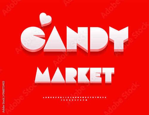 Vector Modern signboard Candy Market. Big Geometric White Font. Stylish 3D Alphabet Letters and Numbers set.