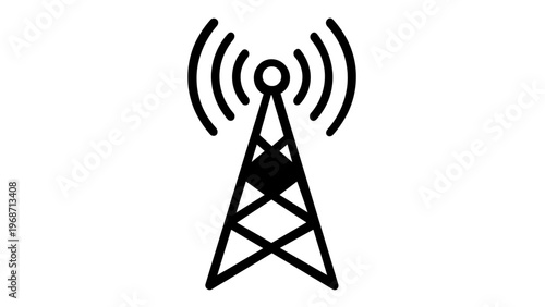 Minimalist radio tower vector icon illustration featuring a telecommunication antenna emitting wireless signal waves. Scalable black line art for broadcasting, network, and cellular connectivity.