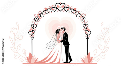 Bride and Groom Kissing Under Heart Archway, Wedding Illustration