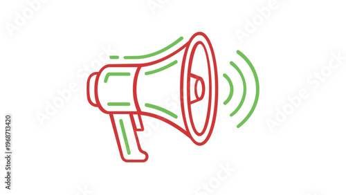 Red and green minimalist megaphone vector icon illustration for communication, marketing announcements, and business alerts. Scalable flat line art bullhorn symbol on a white background.