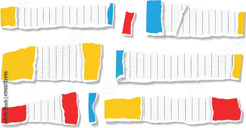 Colorful torn lined notebook paper strips isolated on white