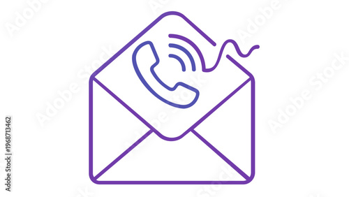 Modern vector illustration of a communication line icon showing an envelope with a telephone handset and signal waves in a blue-purple gradient, ideal for contact and customer support design.