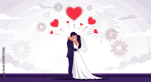 Bride and Groom Kissing Under Heart Fireworks - Romantic Wedding Celebration