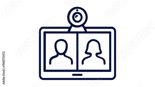 Video conference and online meeting line icon vector illustration. Features a computer monitor with split-screen participants and a webcam. Perfect for remote work, digital communication, and tech.