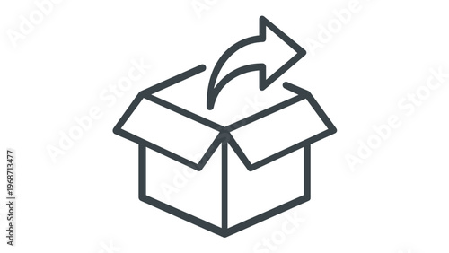 Minimalist vector icon illustration of an open cardboard box with an arrow pointing out, representing shipping, delivery, export, or unpacking concepts in a clean line art style.