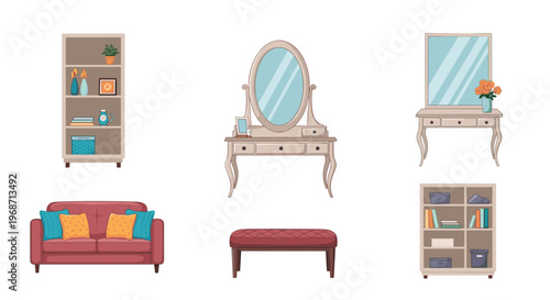 Various pieces of living room furniture including a sofa, vanity tables, bookshelves, and a bench on a white background.