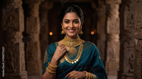 Elegant Indian Woman Showcasing Traditional South Indian Jewelry