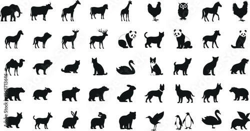 Mega collection of animal silhouettes featuring wildlife farm animals birds and pets in black vector icons for nature education logos and creative design projects
