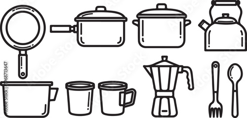 Assorted kitchen utensils and containers for cooking and storage Vector