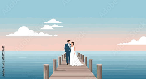 Bride and Groom on pier, romantic wedding couple, serene ocean sunset background