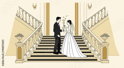 Bride and Groom on Grand Staircase, Love Hearts Thought Bubble, Wedding Celebration