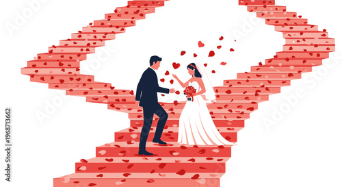 Bride and Groom on Heart-Petal Staircase, Symbolizing Love and Commitment