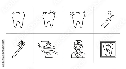 Black and white dental hygiene outline icon collection for medical clinic and oral health care branding vector set