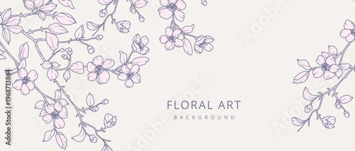 Spring background with line art hand drawn flowers, branches and leaves. Cherry blossoms. Vector floral illustration for card, branding, wedding invitation, cover, wallpaper, save the date