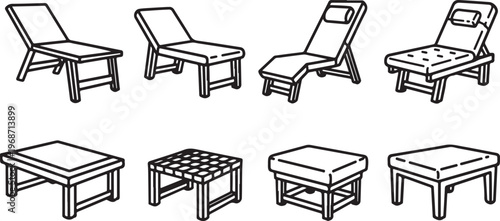A collection of simple, geometrically shaped wooden chairs and tables Vector