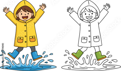Happy girl wearing yellow raincoat and boots jumping in water puddle with splash cartoon illustration and black and white coloring page version