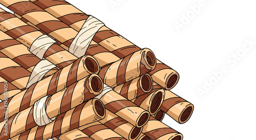 Close up view of many chocolate filled wafer rolls with stripes tied together with white ribbons on a white background.