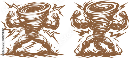 Powerful Tornado Mascot with Muscular Arms Storm Energy Illustration.