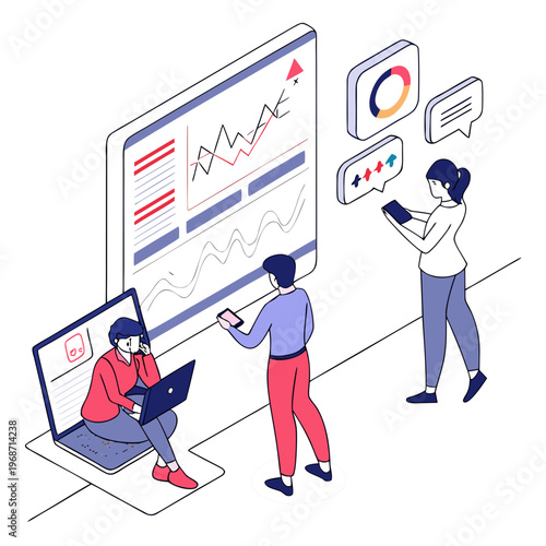 Three people discussing data on large screen discussion