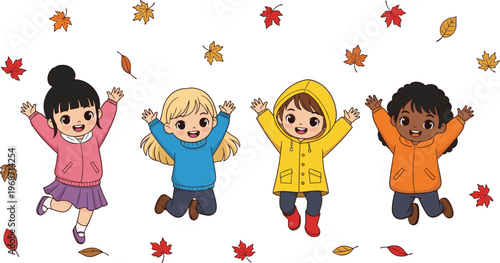 Diverse group of happy children jumping and playing in falling autumn leaves wearing colorful jackets and raincoats for seasonal fall weather vector illustration