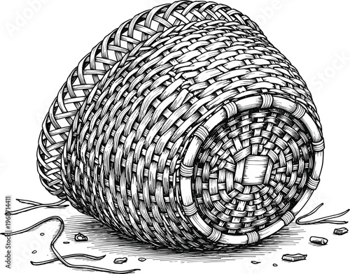Hand-drawn black and white illustration of an overturned rustic woven basket with scattered debris, showcasing intricate texture and craftsmanship.