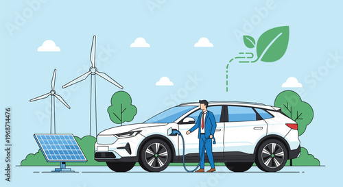 Businessman charging electric car with solar panel and wind turbines background for renewable energy green transport and sustainable ecology vector illustration
