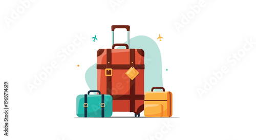 Three different sized suitcases in red, teal, and yellow colors with small airplane icons on a white background.