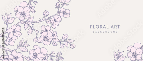 Spring background with line art hand drawn flowers, branches and leaves. Cherry blossoms. Vector floral illustration for card, branding, wedding invitation, cover, wallpaper, save the date