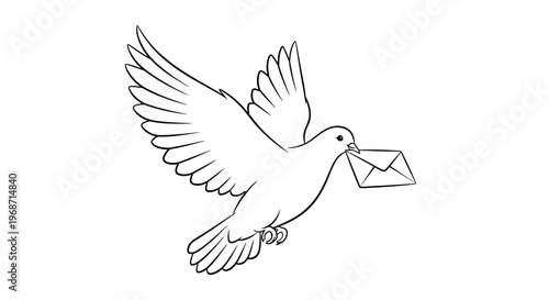Black and white outline drawing of a dove bird flying while carrying an envelope in its beak on a white background.
