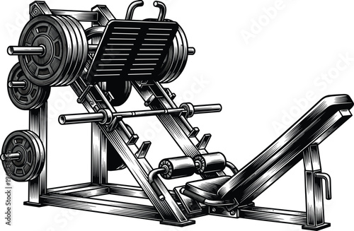 Leg press machine illustration, gym equipment strength training, angled seat footplate weights, fitness workout exercise concept, lower body muscle artwork decor