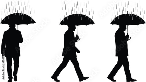 Silhouettes of people walking with umbrellas in rain, black design artwork, repetitive motion sequence, weather protection concept illustration decor