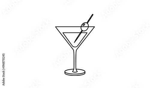 Cocktail martini glass outline icon with olive garnish black line art vector