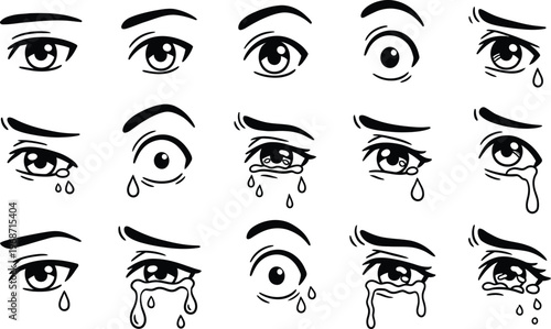 Collection of cartoon crying eyes with different emotions and expressions on white background