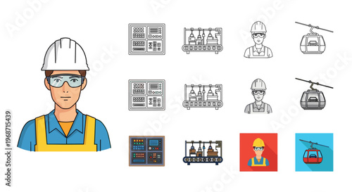 Portrait of an industrial worker in safety gear next to manufacturing icons like control panels and conveyor belts.