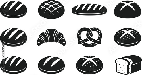 Bakery product silhouette collection featuring fresh bread loaves, croissants, pretzels, sliced toast, and rustic wheat buns for food industry branding and cafe menu illustrations.