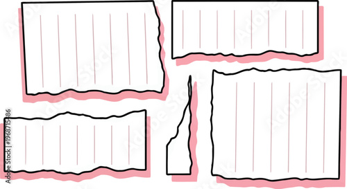 Torn lined paper scraps memo notes pink shadow vector design
