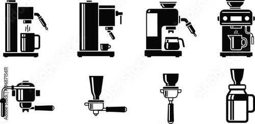 Coffee Equipment Vector Illustration Showing Espresso Machines and Grinders