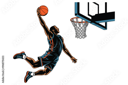 Determined basketball player jumping for powerful slam dunk over hoop in sports arena court competition vector graphic design asset