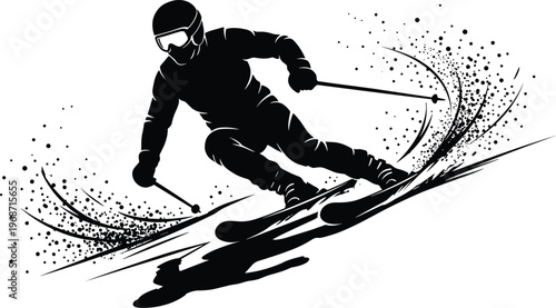 Black silhouette of a professional skier carving through fresh snow with dynamic spray and speed, wearing winter gear isolated on white background.