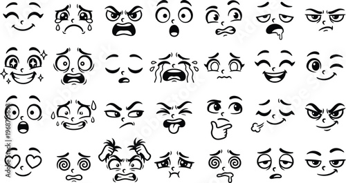 Collection of various cartoon faces with different emotions and expressions on white background