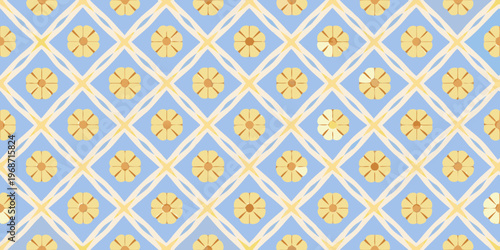 Pale blue and gold geometric pattern with floral and diamond shapes