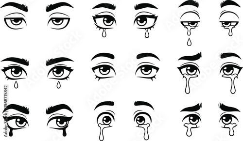 Crying eyes with tears and different eyebrow positions  various sad expressions