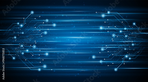 Blue glowing lines with light effect on dark background. High speed internet technology concept or fast wireless data transmission.