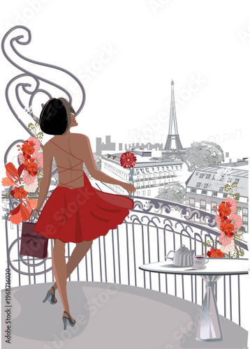 Design  with lettering Paris and the Eiffel tower, fashion girls in hats, architectural elements. Hand drawn vector illustration.