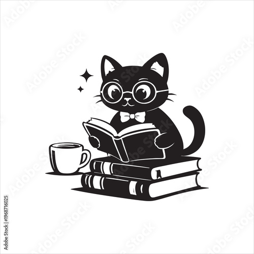 Black cat wearing glasses reading book on stack of books with coffee cup.