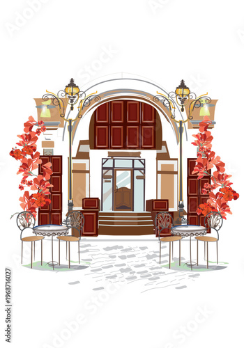 Series of street views with cafes and flowers in Paris. Hand drawn vector architectural background with historic buildings.